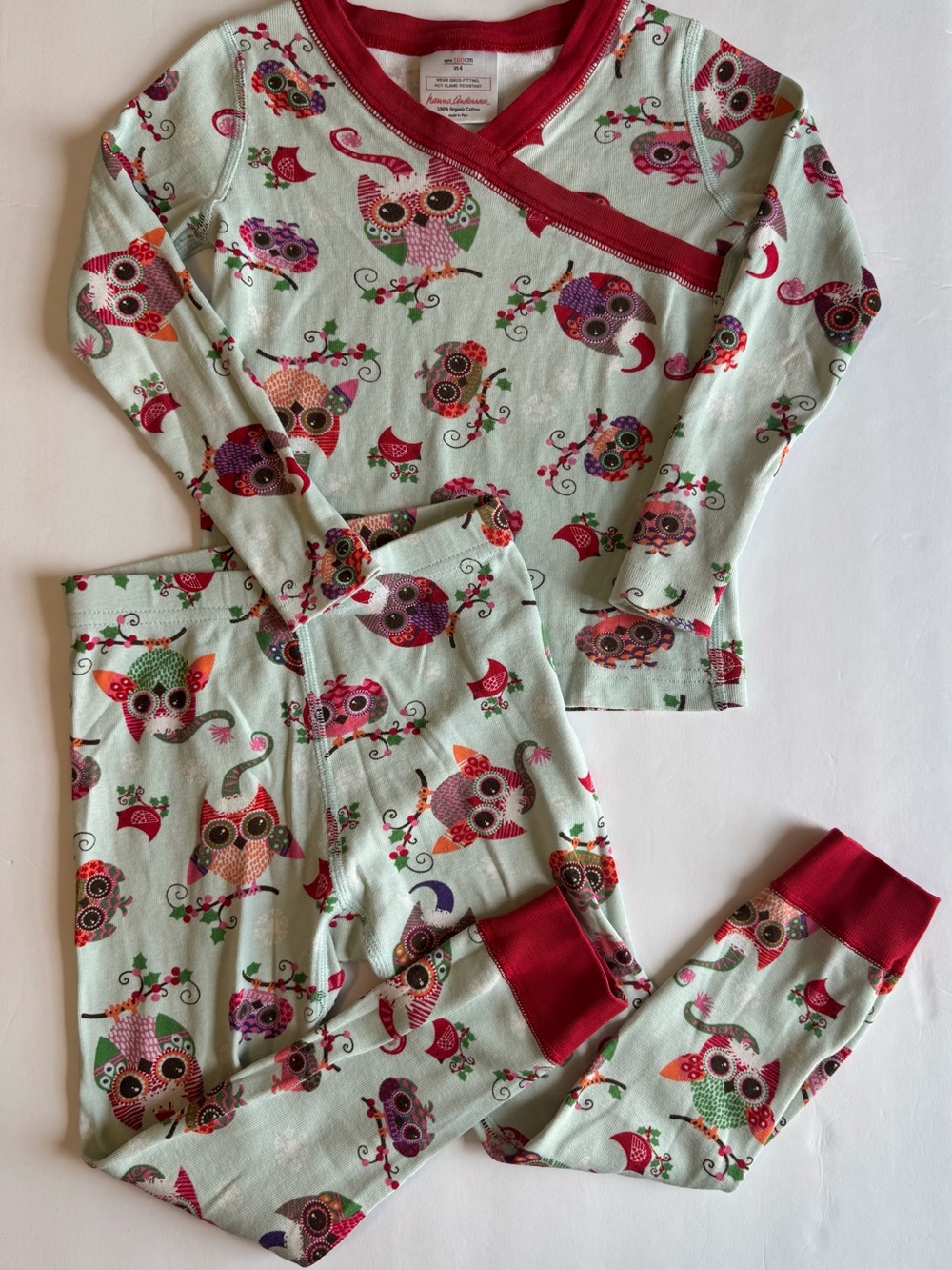Hanna Andersson Girls' Mint Owl Print Pajama Set with Red Trim - 4